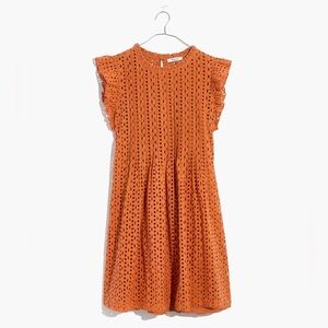 NWT Madewell Eyelet Ruffle Sleeve Pintuck Mini Dress Mulled Cider Size S